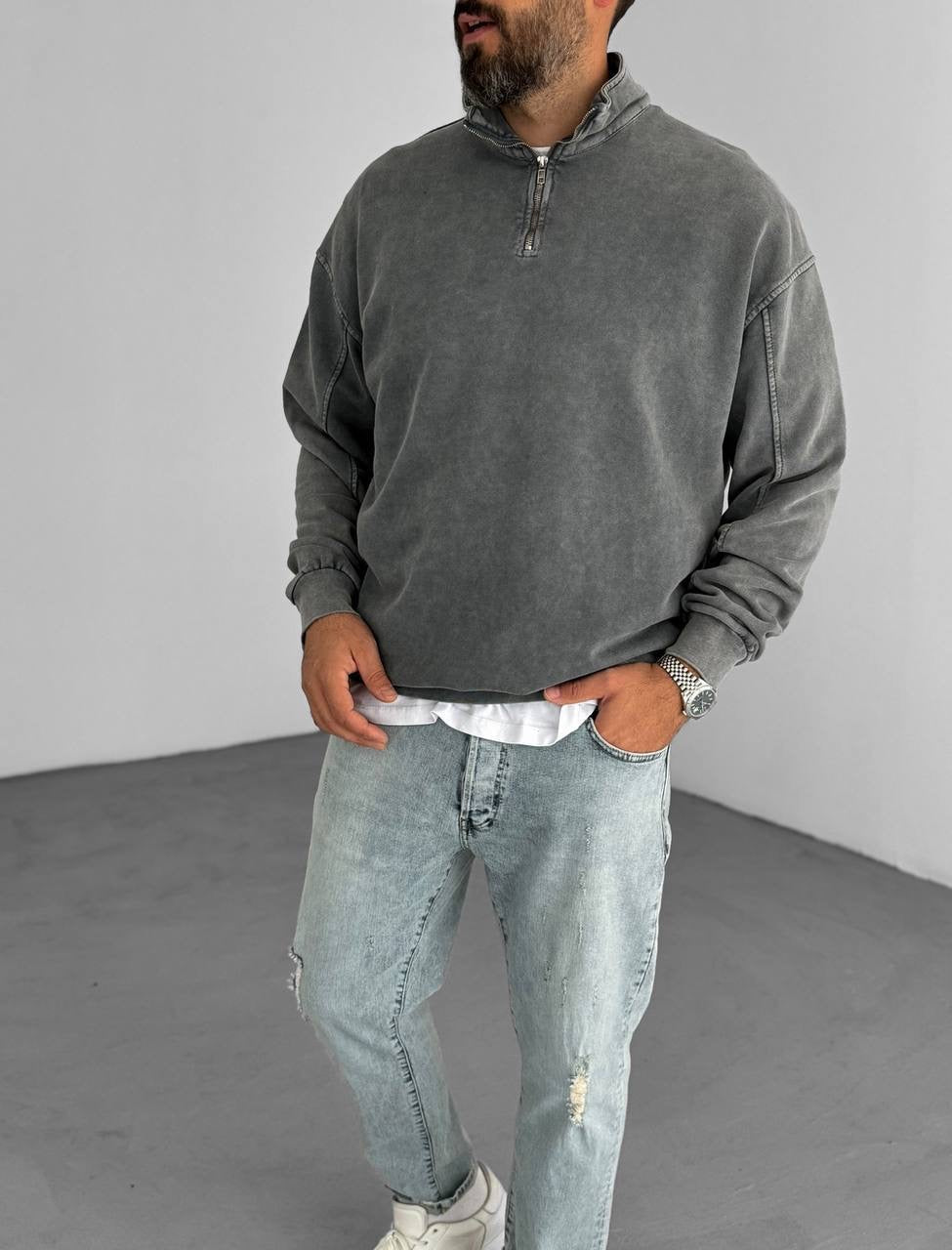 Oversized Zip-Neck Sweatshirt